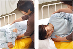 (1)腰を軽く傾ける、 (2)肩を回転させる